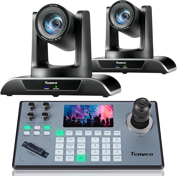 Tenveo PTZ Camera and Controller Bundle/Kits -20X AI Humanoid & Face Auto-Tracking PTZ Camera(2pcs) with HDMI/USB3.0/LAN(PoE) and NDI PTZ Joystick Controller for Church Worship Service Live Streaming