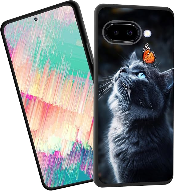 for Pixel 9a Case,Slim Shockproof TPU Soft Rubber Silicone Cover Phone Case for Google Pixel 9a,Cat and Butterfly
