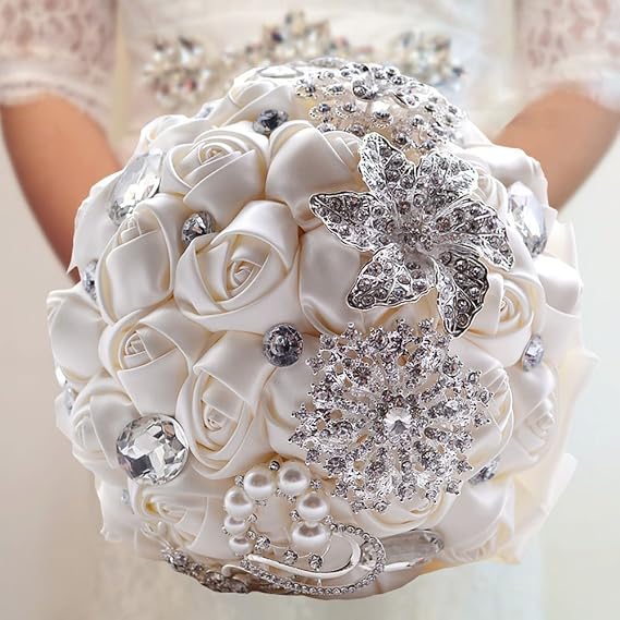 Hand Made Diamond Pearl Satin Roses Bridesmaid Bridal Artificial Bouquets Customization Bride Holding Bouquet Wedding for Photo Shooting, Valentine's Day, Birthday,Creystal Creamy White