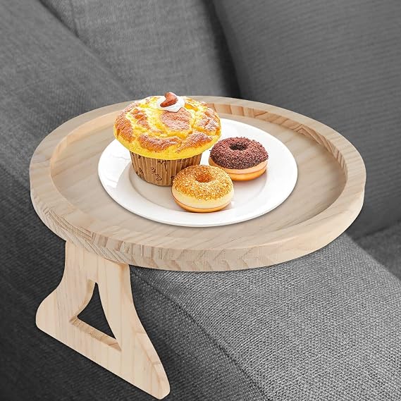 Sofa Arm Tray Table Foldable Sofa Armrest Clip Tray Table Round Couch Armrest Tray Natural Pine Wood Sofa Side Table Sofa Couch Arm Rest Organizer Couch Drink Snack Remote Control Holder (A)