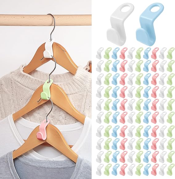 OSDUE Clothes Hanger Connector Hooks, 100 Pcs Space Saving Hangers, Colored Mini Stacked Hooks Closet Hanger Extender Hook for Wardrobe Storage
