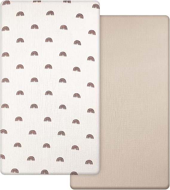 Cot Bed Sheets 140 x 70 Fitted, Muslin Cotton Cot Sheets, Soft and Breathable Crib Sheets for Boys and Girls, Cozy and Lightweight Baby Cot Bedding Set, 2 Pack (Rainbow)