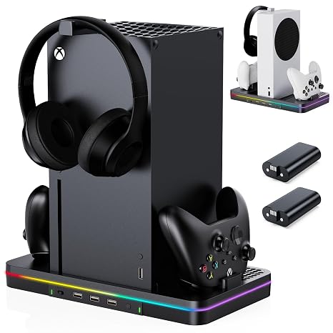 Cooling Fan Charging Stand for Xbox Series X/S Console, Vertical Dual Controller Charger Station Accessories with 2 X 1100mAh Rechargeable Battery,