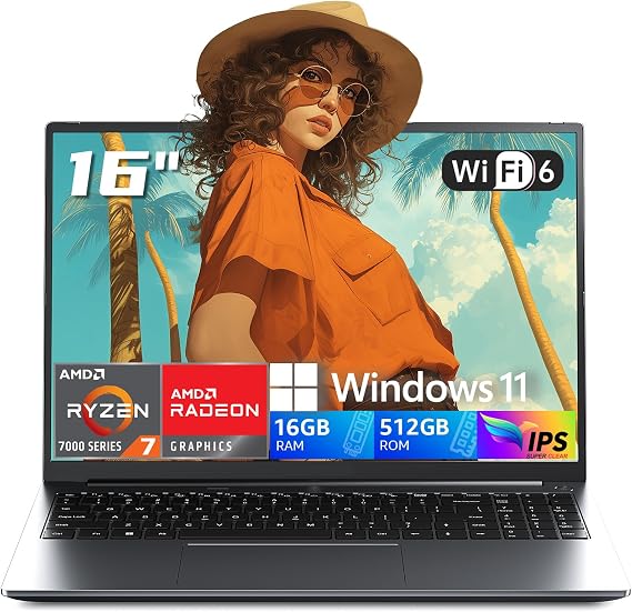 AOC 2025 AMD Laptop, 16.1 inch Laptop Computer with AMD Ryzen 7 7735HS Processor (8C/16T, up to 4.75GHz), 16GB DDR5 512GB NVMe SSD Laptop Computer, 16-inch FHD Display, WiFi 6, Backlit KB, Webcam,HDMI