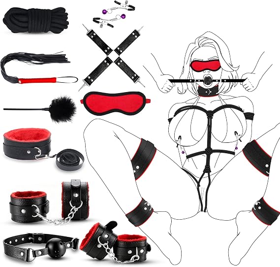 10 Piece Set Flexible Bondaged Bed Tie Downs Kit Women Sx Tie up Set Women Couple Toys for Bed Room Play, Couples Sexy Accessories Toys Play His and Hers Toys Adults Play F03 (red and Black)