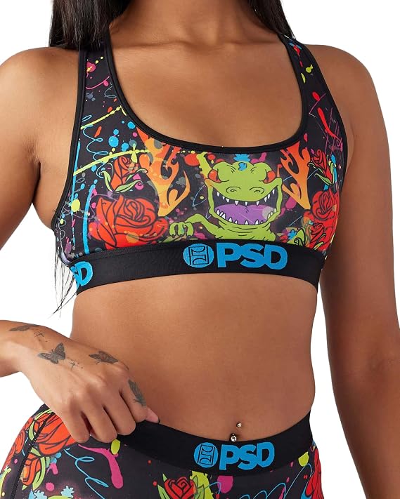 PSD Women's Rugrats Reptar Roses Sports Bra, Black, XS