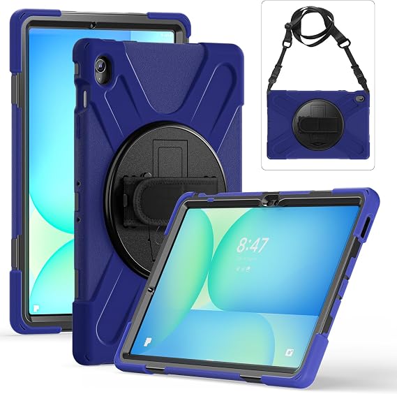Case for Samsung Galaxy Tab S10 FE Plus 13.1 Inch 2025 (SM-X620/X626), Upgraded Military Shockproof Cover with Hand Strap+Shoulder Strap+Rotating Kickstand (Navy Blue)
