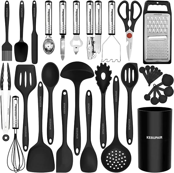 Kitchen Utensils Set - 446F Heat Resistant Silicone Cooking Utensils Set-Kitchen Tools and Gadgets for Cooking Nonstick Cookware with Tongs,Turner,Spatula,Spoon,Brush,Peeler,Grater,Scissors(Black)