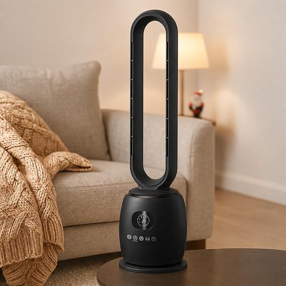JSH 34" Bladeless Hot & Cool Tower Fan | 2000W Quiet Indoor Oscillating Home Office Bedroom Heat & Air Cooler | Remote Control, 12H Timer, 3 Speeds, Anti Tip & Overheat Protection (Black)