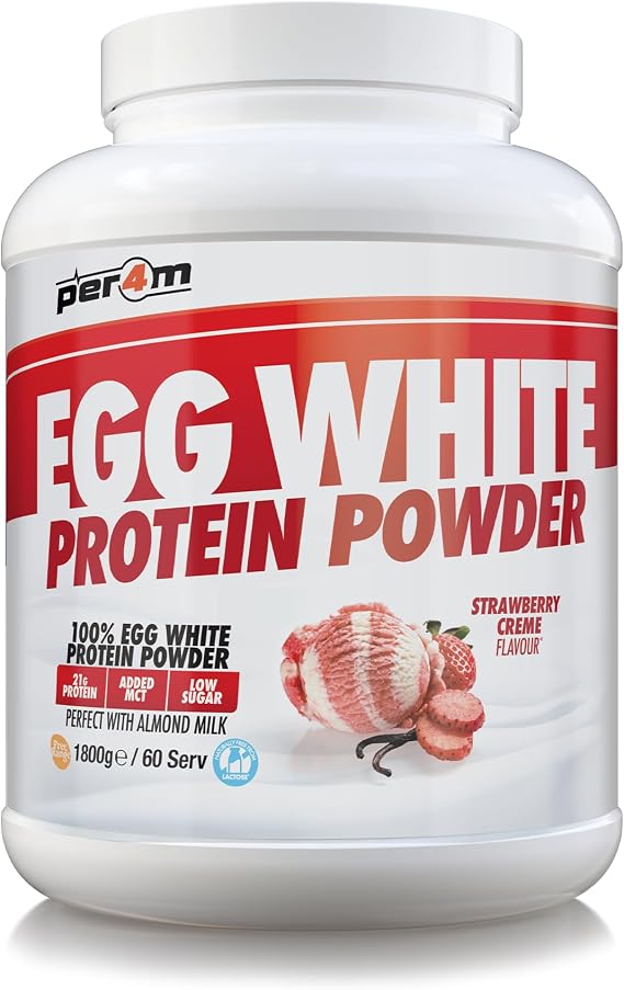 Per4m 100% Pure Free Range Egg White Protein Powder | High Protein Shake with Added MCTs | Gut Friendly, Lactose-Free & Essential Amino Acids (1.8kg, Strawberry Creme)