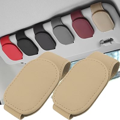 Esteopt 2Pack Car Sunglasses Holder Glasses Hanger Clip for Car Sun Visor with Magnetic Leather Adsorption Beige