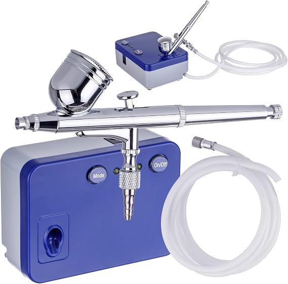 TC TECHNIC - Airbrush Kit - with Mini Compressor - for Model Painting, Bodypainting, Ceramic &amp; Glass, Oil-Free with 0.3mm Nozzle &amp; Double Action Function, 1.8m Hose, Power Supply, Pressure Regulation