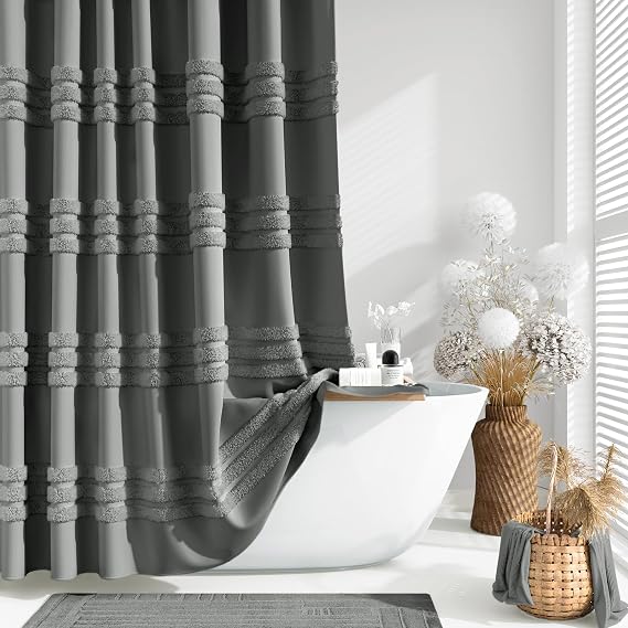 Dynamene Farmhouse Shower Curtain Chenille Striped 72"x72" Charcoal Grey