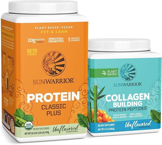 Sunwarrior Vegan Protein Powder | USDA Organic Plant-Based | Unflavored, 30 Servings & Collagen Building Powder Plant-Based | Unflavored, 20 Servings