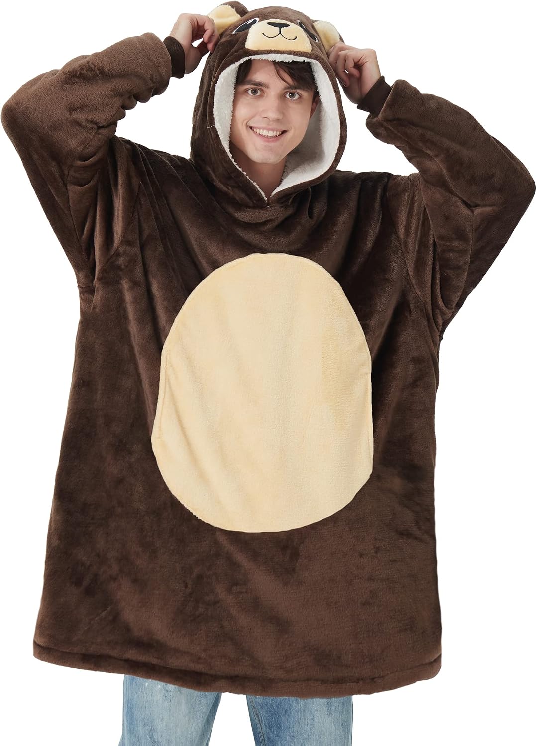 Lovemonster Cute Little Bear Cosplay Animal Pajamas Cozy Flannel Sherpa Pullover Adult Christmas Halloween Costume Brown
