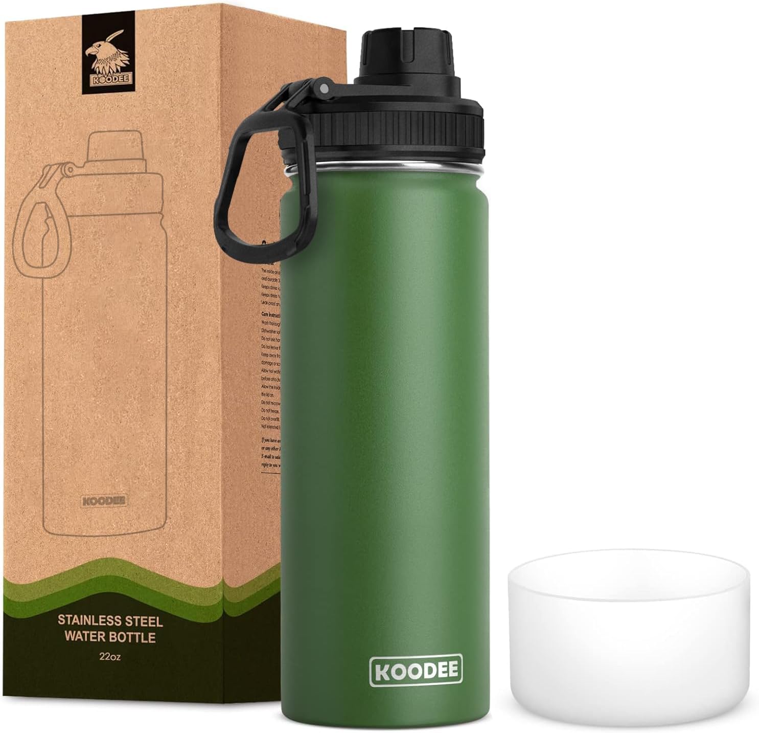 koodee 26 oz Insulated Water Bottle Stainless Steel Double Wall Vacuum Metal Sports Wide Mouth Water Bottle with Leakproof Spout Lid Grass Green