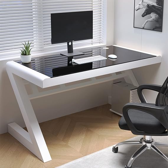 Tempered Glass Computer Desk Modern Design Student Writing Desk Study Desk Home Office Desk Gaming Desk Personal Workstation with Z-Shaped Metal Frame(31 Inch, Black & White)
