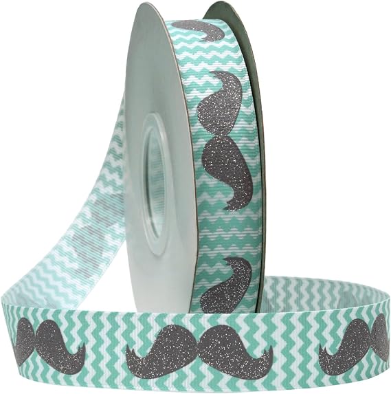Morex Ribbon Mustache Chevron Glitter Grosgrain Fabric Ribbon with 7/8-Inch by 25-Yard Spool, Tiara Blue