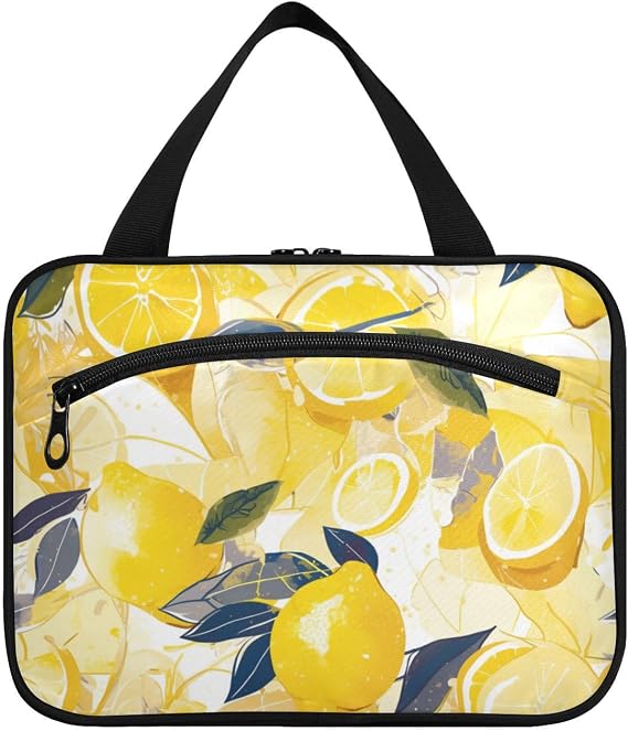 Yellow Lemon Hanging Large Make up Bag with Hook, Designer Portable Cosmetic Bags for Women Traveling Travel bolsas de maquillaje para Mujer L