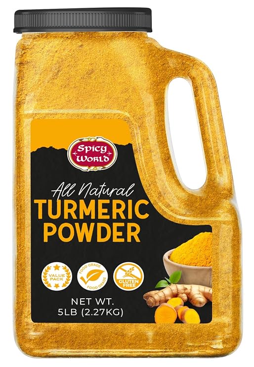 Spicy World Turmeric Powder 5 LB Jar Gluten Free, Bulk Turmeric with Curcumin, Ground Haldi Spice for Cooking, Pure Curcuma Longa, Non-GMO