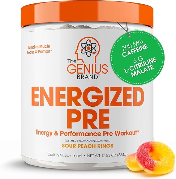 The Genius Brand Genius Energized Pre - Long-Lasting Energy Supplement for Healthy Mind, Endurance, Focus & Muscle Support - Non-GMO - Sour Peach Rings - 20 Servings