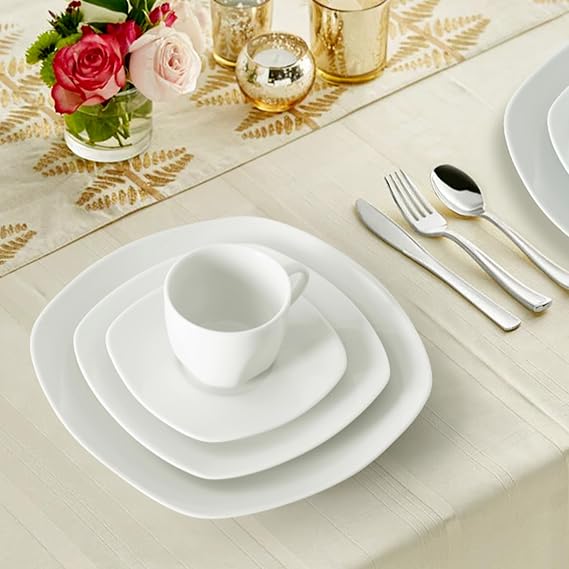 fMBB 8" and 10" Square Dinner Plates Sets and 6.5 Ounce Porcelain Espresso Cups and Saucers Set of 6, Ceramic Tableware Set, Microwave Safe and Dishwasher Safe, White