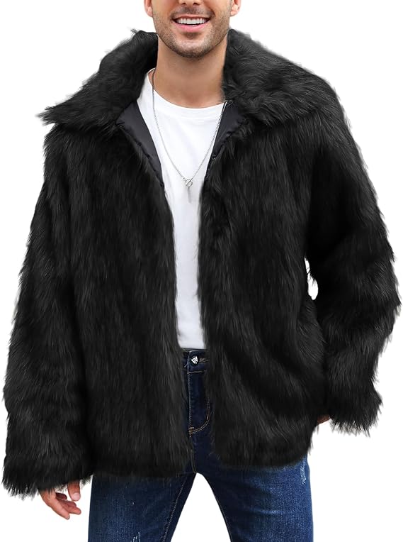 Arssm Faux Fur Coat for Men Warm Winter Fluffy Furry Jacket