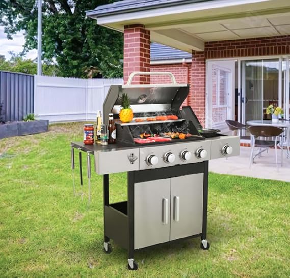 4-Burner Propane Gas BBQ Grill with Stainless Steel Upper Lid, 46790 BTUs Output Outdoor Grill with Warming Rack for Patio Garden Barbecue Grilling, Black & Silver (4-Burner 46790 BTU)