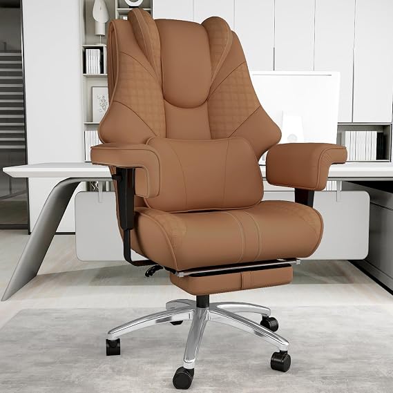 600lbs Big and Tall Office Chair, Wide Ergonomic Leather Executive Chair for Heavy People with Foot Rest, High-Back Reclining Computer Chair with Swivel Wheels and Lumbar Support (Brown)