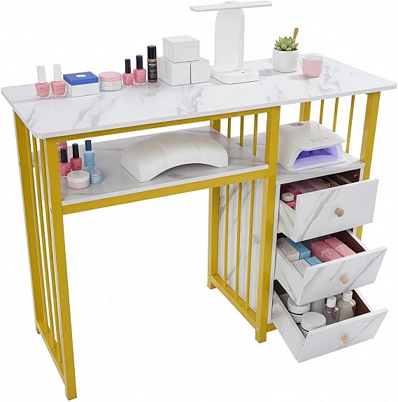 Nail Desk for Nail Tech with 3 Drawers, 40'' Manicure Table with Storage and Shelf, Steel Base Beauty Workstation for Salon Spa Home Equipment, Marble Texture and Gold Frame