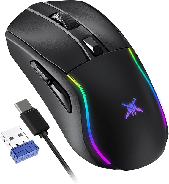 TECKNET Wireless Gaming Mouse, Tripe-Mode 2.4G / USB-C/Bluetooth Mouse Up to 16,000DPI, RGB Backlit, 6 Programmable Buttons Gaming Wireless Mouse for Laptop, PC