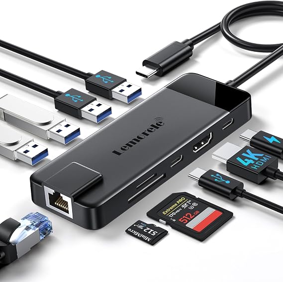 Lemorele USB-C 10 in 1 Hub Adapter with Gigabit Ethernet, 4K HDMI, 4 USB 3.0 Ports, 100W PD and SD/TF Reader - Plug & Play for MacBook Air/Pro, iPad, Steam Deck and Switch