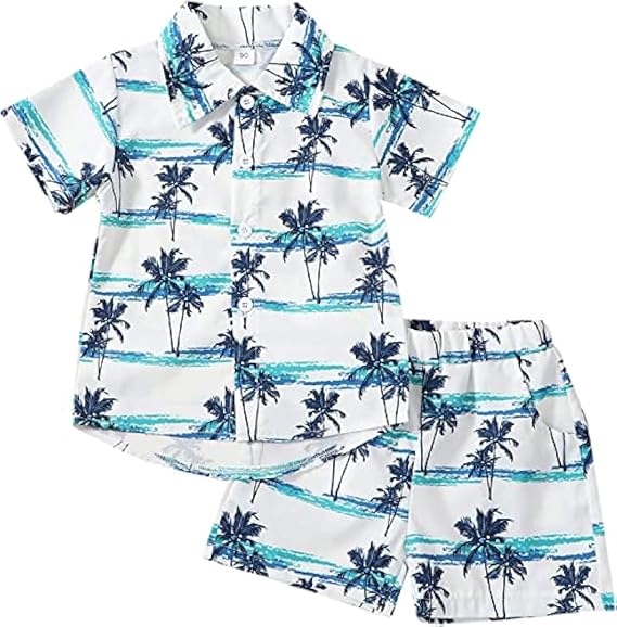Western Toddler Boy Clothes Short Sleeve Coconut Tree Button Down Shirt Tops+ Hawaiian Country Shorts Summer Outfits