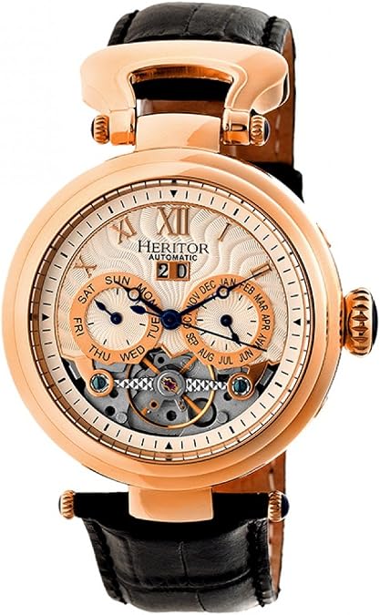 HERITOR Ganzi Automatic Watch for Men 44mm Mens Semi-Skeleton Watch with 35-Jewel Movement, 316L Stainless Steel Case, Sapphire-Coated Crystal, Leather Strap (HERHR3305)