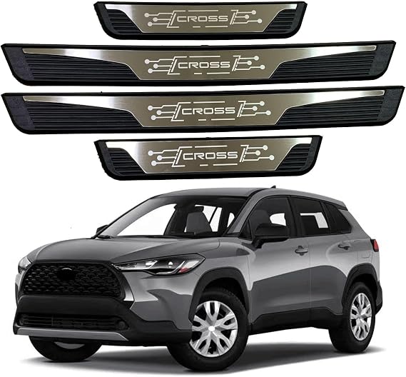 Car Door Sill Scuff Plate Protector Accessories, for Toyota Corolla Cross, Stainless Steel with Plastic Trim Cover Guard Parts (Silver)