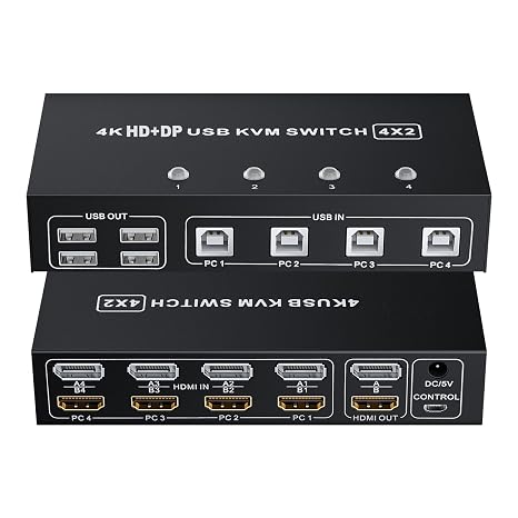 BolAAzuL HDMI DisplayPort KVM Switch 4 Computers 2 Monitors 4K 60Hz | Dual Monitor KVM Switch for 4 Computers Share 2 Monitors Keyboard Mouse Peripherals HDMI 2.0 DP 1.2 USB 2.0 HDMI DP KVM