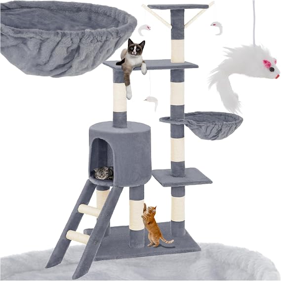 tectake® Scratching Tree for Cats, Scratcher 144 cm, Kennel, Various Heights, 3 Toy Mice Nest, Anti-rollover Protection, Robust Structure, Cat Scratcher – Grey