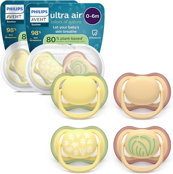 Philips Avent Ultra Air Soothers - Orthodontic Design, for Babies 0-6 Months, Soft Silicone Symmetrical Teat, BPA-Free, 2 Sterilizing Cases, 4 Pack, SCF087/21
