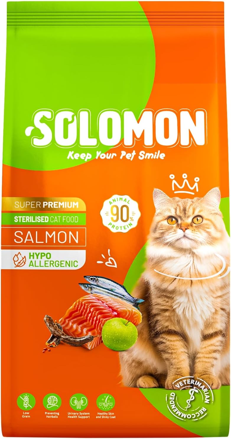 Super Premium Cat Food with Solomon Sterilized Salmon 9 kg - Hypoallergenic - Low Grain - High Animal Protein - Hair Loss Blocker - Easy to Digest - Dry Cat Food