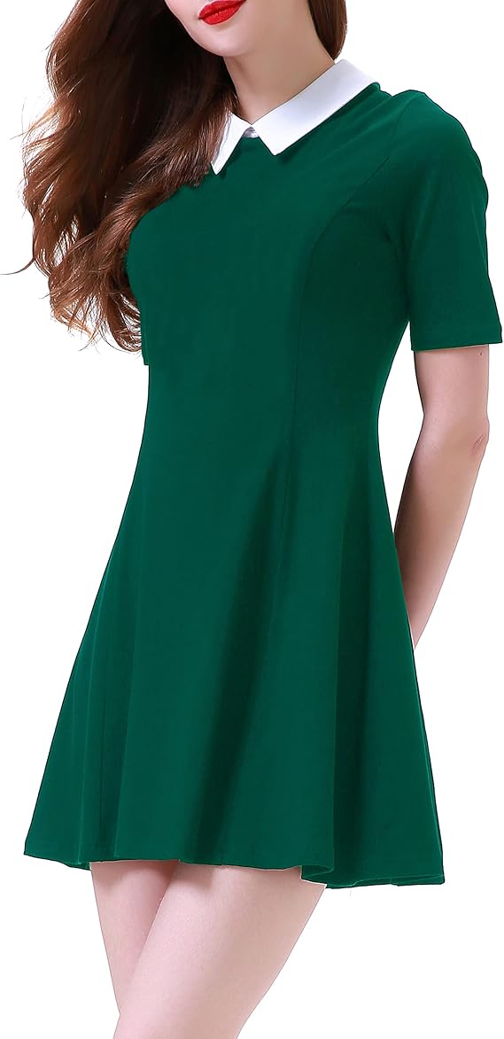 Aphratti Women's Short Sleeve Peter Pan Collar Skater Dress