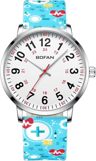 BOFAN Nurse Watch for Medical Professionals,Students,Doctors with Easy to Read Dial,Second Hand and 24 Hour,Soft Comfort Print Silicone Band,Water Resistant