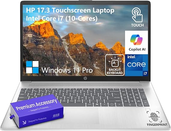 HP 17 Inch Laptop Touchscreen Computer, 17.3 HD+ Touch Screen Business Laptop PC, Intel 10-Core i7 Laptop Windows 11 Pro, 16GB RAM 1TB SSD, Backlit 10-Key Number Pad, Fingerprint, Wi-Fi 6
