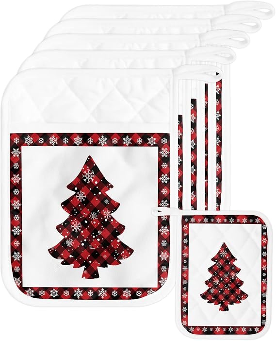 Pot Holders with Pockets, Heat-Resistant Hot Pads for Kitchen, Snowflakes and Red Plaid Christmas Tree on White Oven Mitts Pot Holders Sets Potholders for Baking Cooking Pack of 4