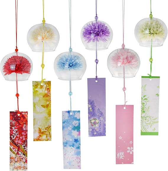 6 Pcs Japanese Wind Chimes, Colorful Glass Wind Chimes with Label Handmade Bell Wind Chime Pendent for Outside Garden Patio Home Decor (Flower)