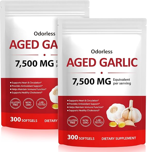 Aged Garlic Extract Softgels - 7,500mg Equivalent Strength (15:1 Concentrate) - Supports Heart Health, Circulation & Immune Function - Non-GMO, Gluten-Free - 300 Softgels