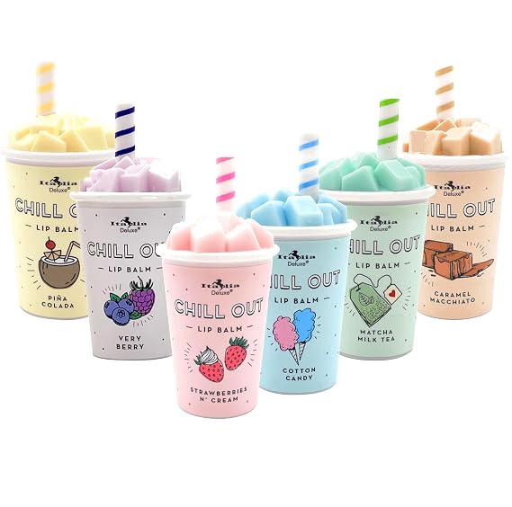 Chill Out Lip Balm 6 Piece Set - Caramel Macchiato, Pina Colada, Cotton Candy, Strawberries n' Cream, Very Berry, Matcha Milk Tea