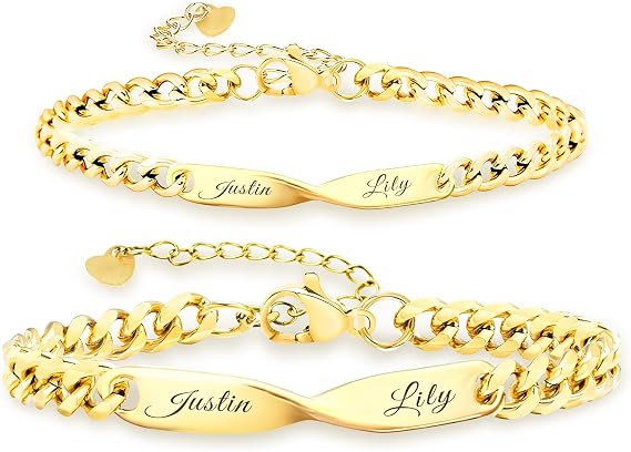 Personalized Infinity Couple Chain Bracelet Set,Customizable Name Engraving, Adjustable Length with Heart Charm, Matching His and Hers Jewelry