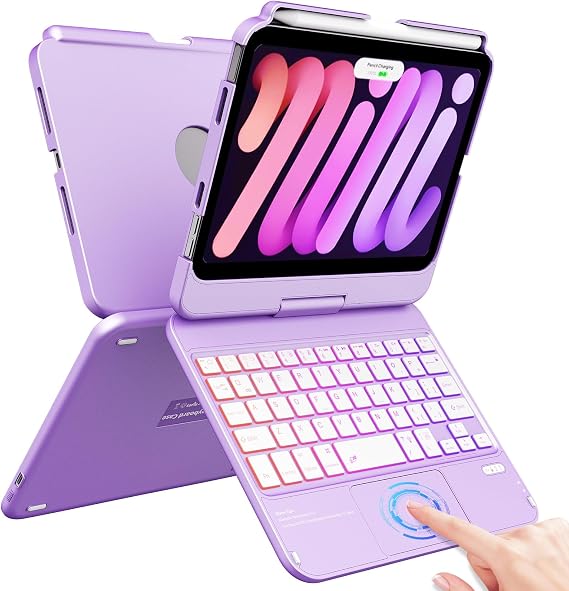 FUWANG Touch Keyboard Case for iPad mini 7/6 8.3-inch, 360 Rotating, Purple | For iPad Mini 7th (A17 Pro) 2024 & Mini 6th 2021, Multi-Touch Trackpad, 7-Color Backlit, Built-in Pencil Holder, Long Battery