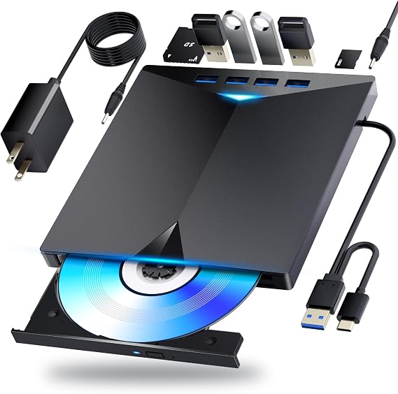 Classy External Blu-ray Drive for BD/DVD/CD Player/Read/Write USB 3.0 & Type-C Windows 7-11 & Mac PC - Support TF/SD/USB