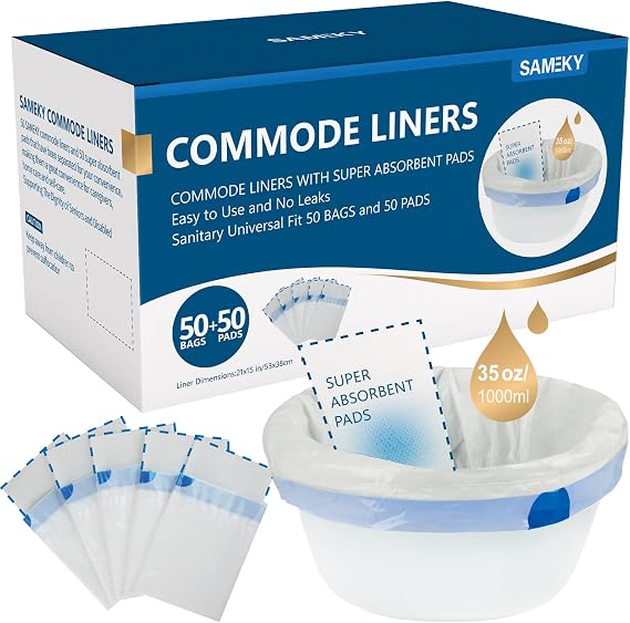 Commode Liners with Absorbent Pads | 50Bags+50Pads for Bedside Toilet Chair Bucket | Universal Fit | Bedside Commode Liners and Pads(50Bags + 50Pads)